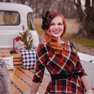 Unique Vintage 1950s Style Orange & Black Autumn Fall Plaid Nicole Swing Dress